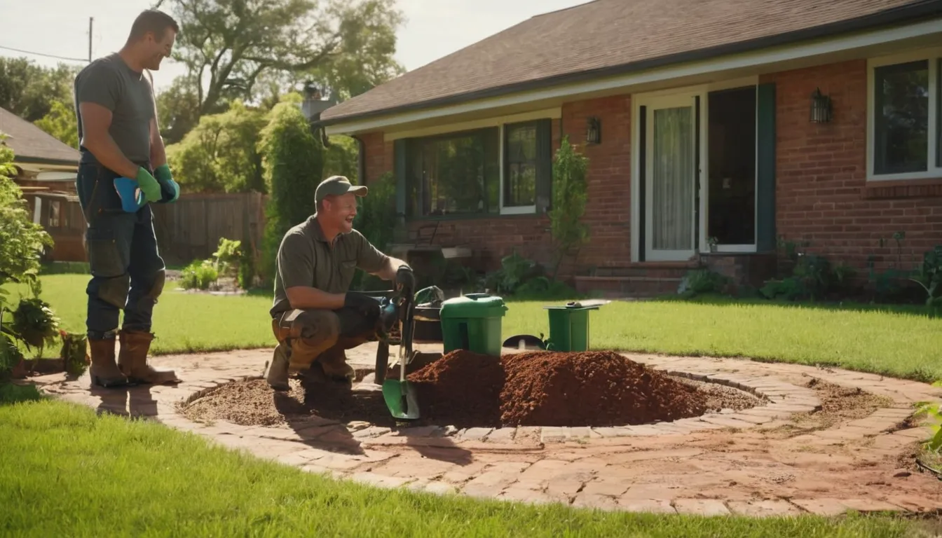 Friendly septic provider showing a homeowner the tank area in a backyard near Irving