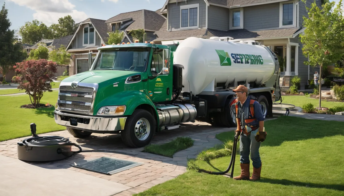 Provider's vacuum truck parked beside a home while a septic tank is pumped near Irving
